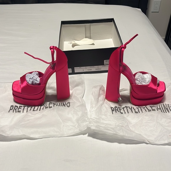 PLT Fuchsia Satin Double Sole Strap Platform Heels - Picture 4 of 6